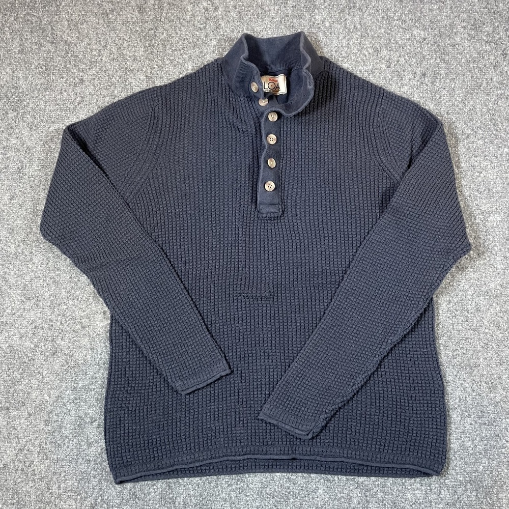 RailRiders LOA Sweater Mens Medium Navy Waffle Knit Cotton Cashmere Henley Mock